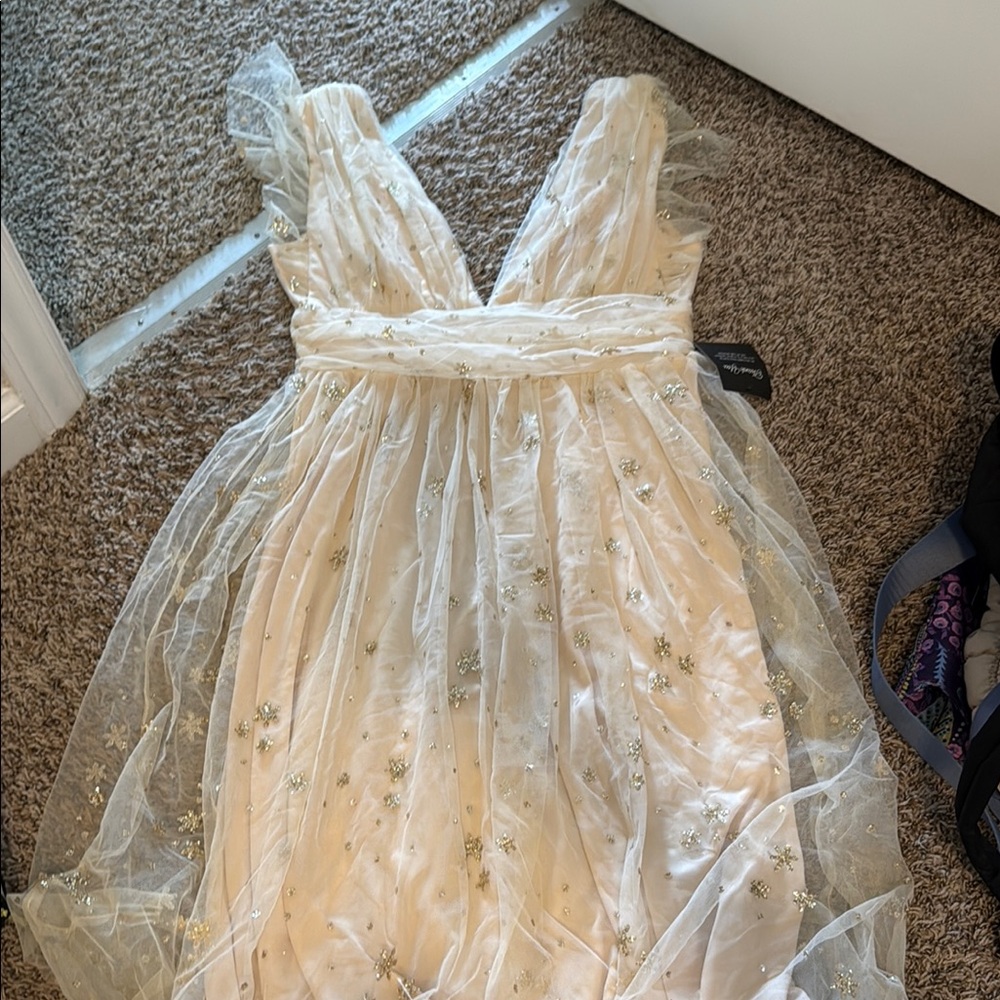 Baltic Born Cream Tulle Embellished V-Neck Dress